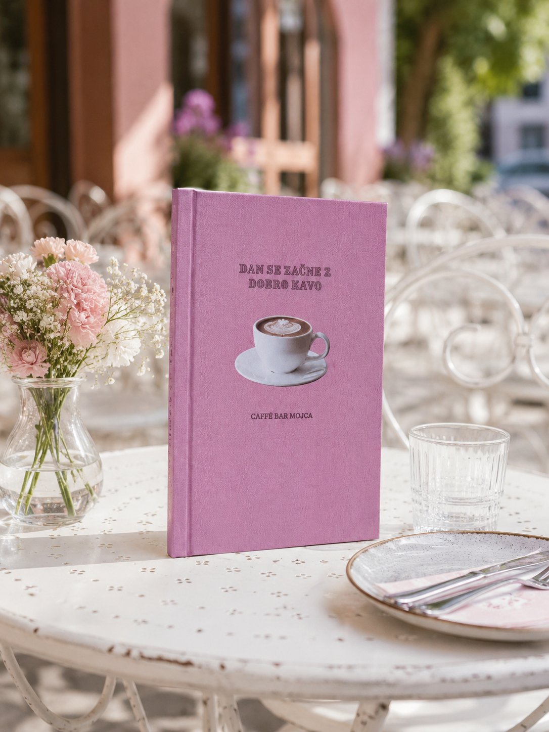 Roza tekstilni meni Caffe Bar Mojca na beli mizi na sončni mestni terasi z rožami.