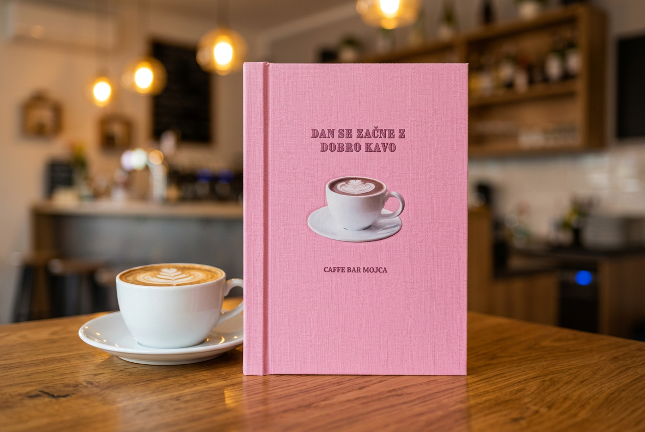 Roza tekstilne platnice menija Caffe Bar Mojca z napisom 'Dan se začne z dobro kavo' postavljene pokončno na leseni mizi ob skodelici kapučina z latte art v toplo osvetljeni kavarni.