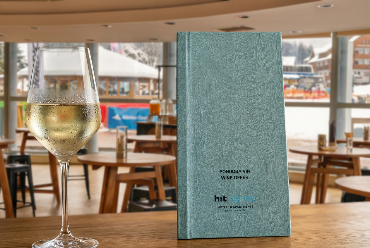 Ozka turkizno-modra usnjena vinska karta 'Ponudba vin / Wine Offer' hotela hit alpinea Hotels & Apartments Kranjska Gora, postavljena pokončno na okrogli leseni barski mizi v smučarskem baru z velikimi okni in pogledom na zasnežene gore.