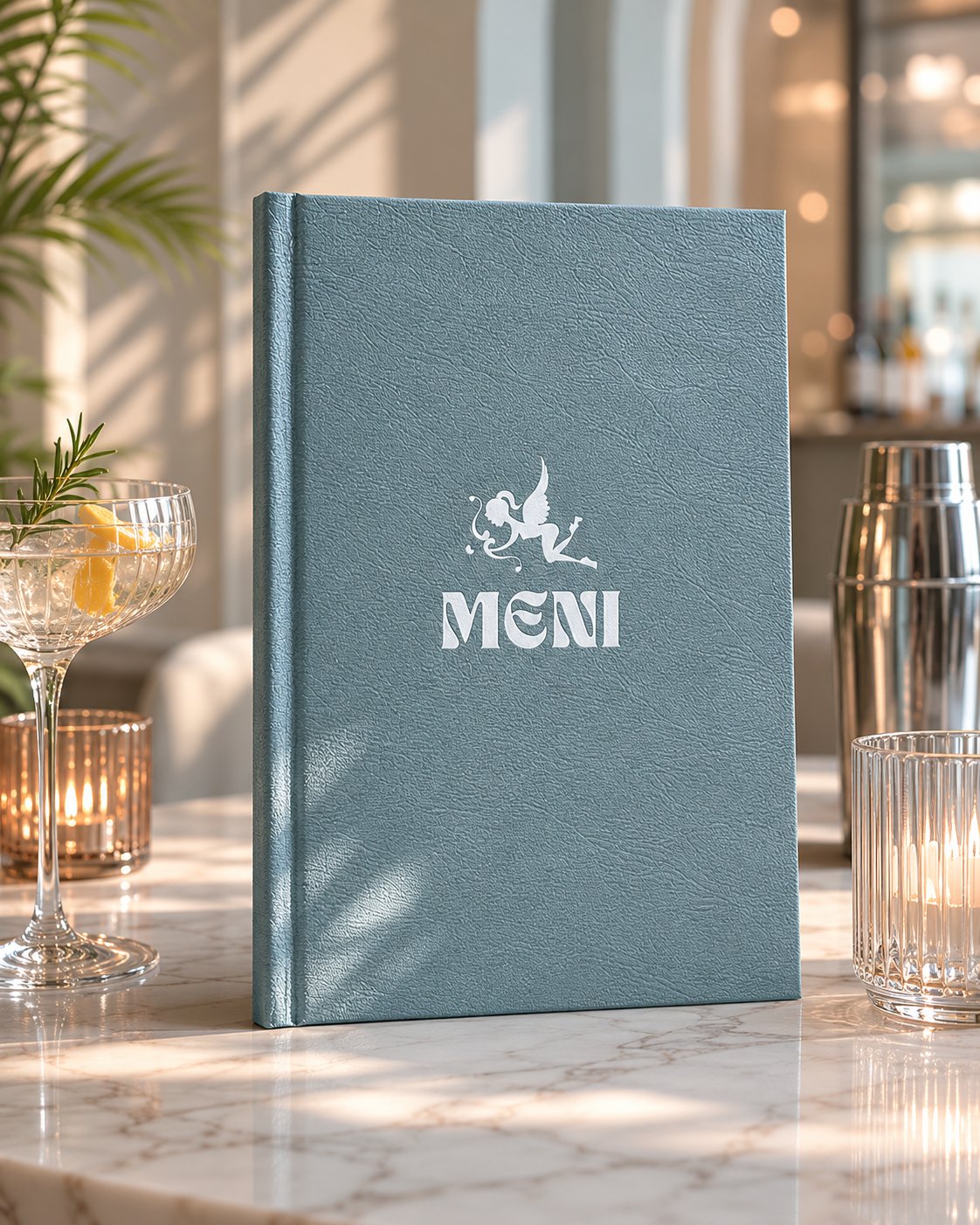 Svetlo moder premium meni Bar Kupido na marmorni mizi v elegantnem cocktail baru z mehko osvetlitvijo.