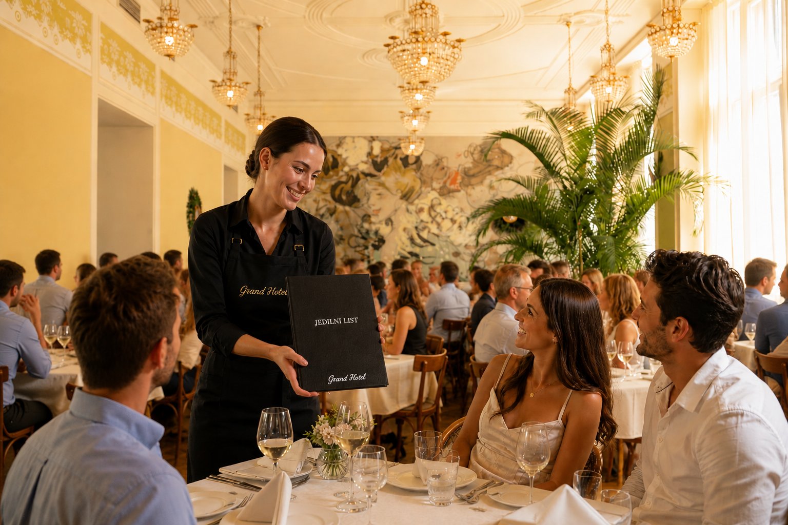 Nasmejana natakarica v črnem predpasniku Grand Hotel predaja črn usnjen jedilni list paru v elegantni dvorani s kristalnimi lestenci.