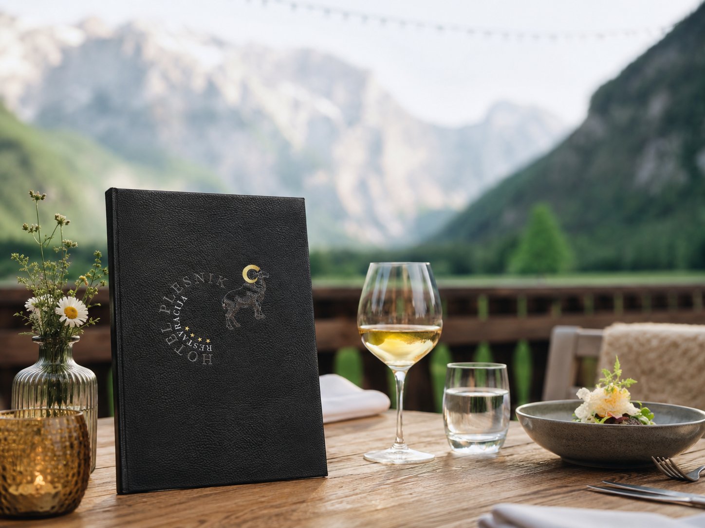 Črn usnjen meni s simbolom kozoroga in lune na leseni mizi na terasi s pogledom na gore, ob kozarcu vina in krožniku z jedjo