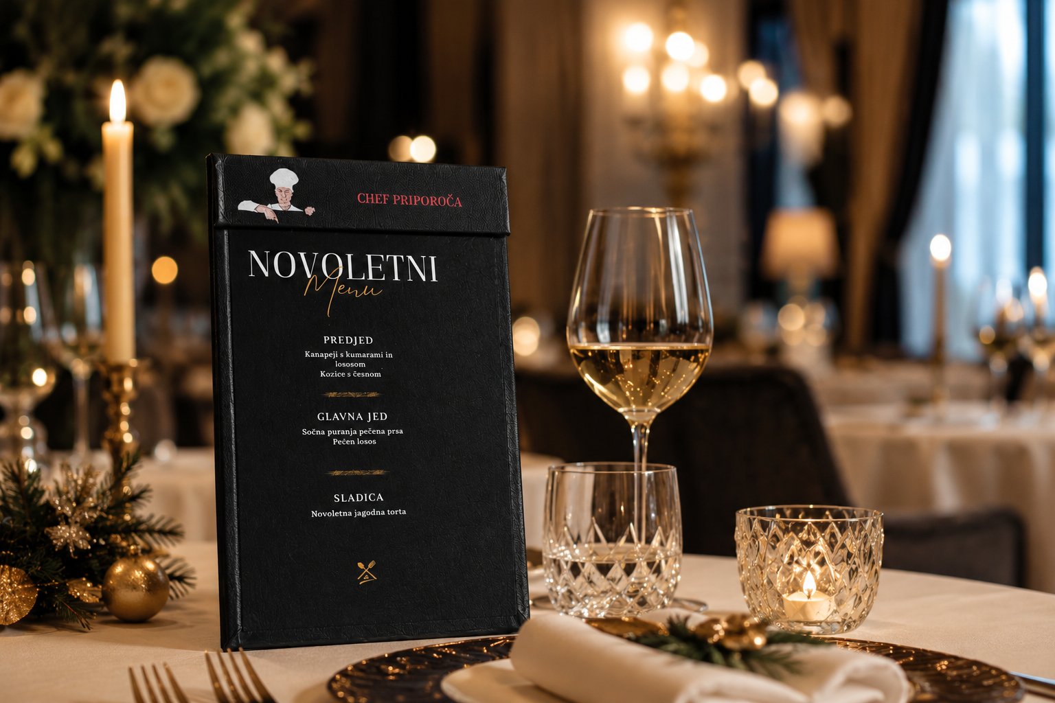 Črn usnjen meni z napisom Novoletni meni in ilustracijo chefa na praznično pogrnjeni mizi, ob kozarcu vina, kristalnem kozarcu za vodo in prižgani sveči v elegantnem ambientu restavracije.