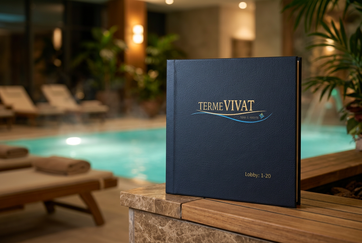 Temno moder usnjen meni Terme Vivat hotel & resorts z zlatim logotipom stoji ob bazenu v termalnem hotelu, v ozadju ležalniki in turkizna voda.