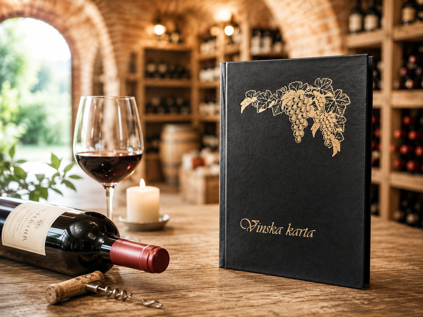 Črna usnjena vinska karta z zlato gravuro grozdja na leseni mizi v ambientu vinske kleti s kozarcem rdečega vina, steklenico in prižgano svečo