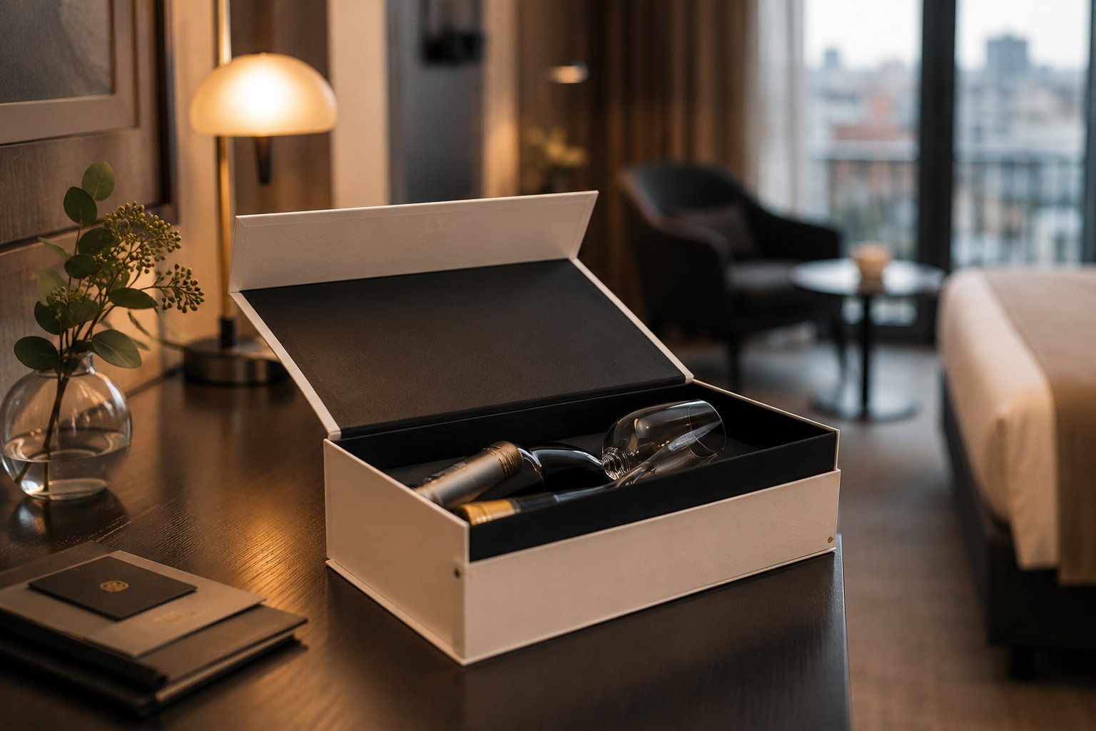 Premium Uunivez welcome darilna škatla z vinsko steklenico in kozarci na leseni mizi v elegantni urbani hotelski sobi z mehko toplo osvetlitvijo in pogledom na mesto