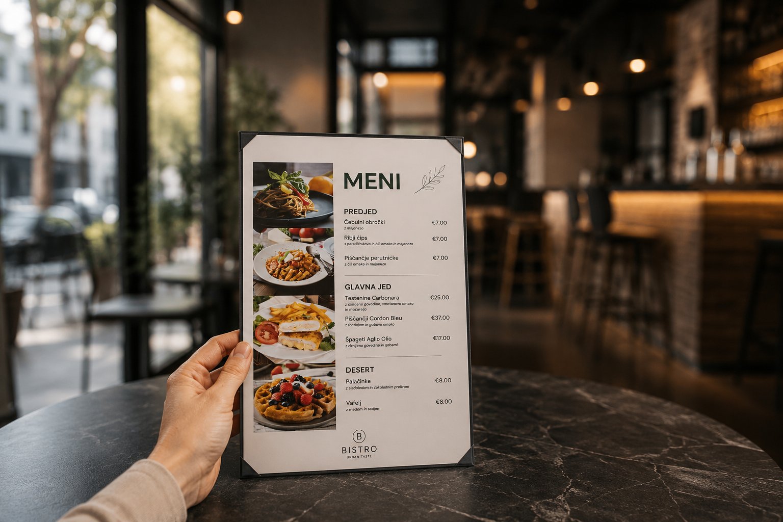Oseba drži odprt meni v črni usnjeni mapi z izborom jedi, postavljen na mizi v ambientu bistroja "Urban Taste" z opečno steno v ozadju.
