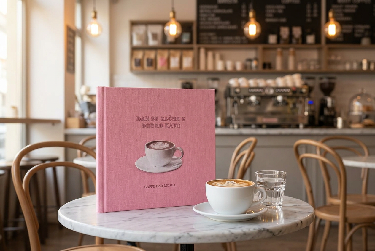 Roza platnice menija Caffe Bar Mojca na marmorni mizici v prijetni kavarni, ob kapučinu in kozarcu vode.