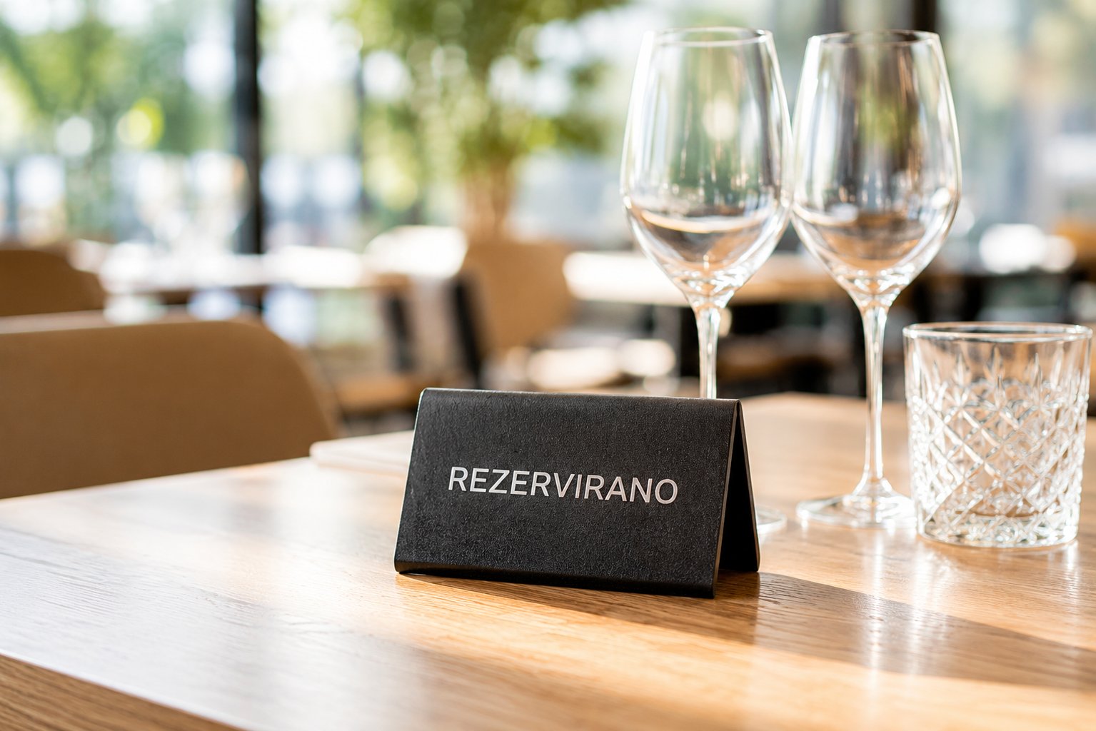Črna kovinska tablica z napisom "REZERVIRANO" na leseni mizi v restavraciji, ob dveh vinskih kozarcih in kristalnem kozarcu za vodo.