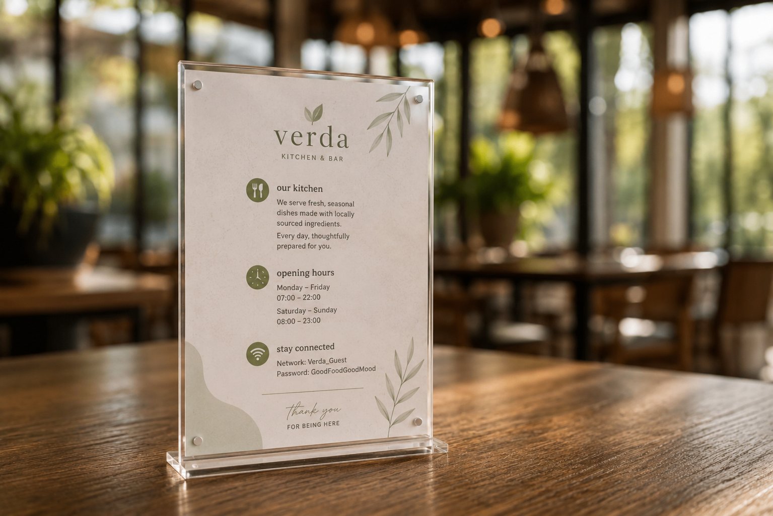 Akrilno namizno stojalo z informacijami restavracije "Verda Kitchen & Bar" o kuhinji, delovnem času in Wi-Fi povezavi, postavljeno na leseni mizi v svetlem ambientu restavracije.