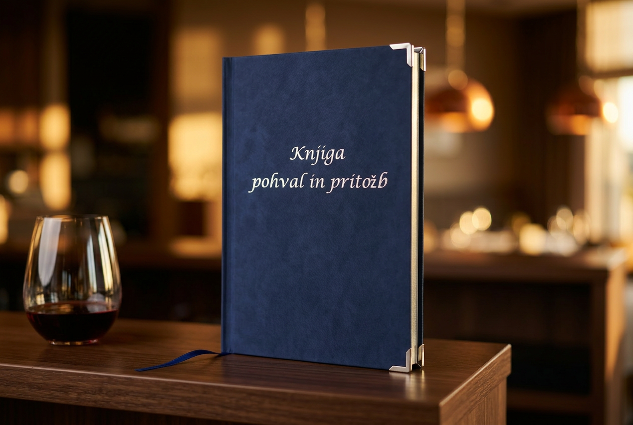 Temno modra suede knjiga pohval in pritožb s srebrnim napisom in srebrnimi kovinskimi vogali na leseni mizi v elegantni restavraciji, ob kozarcu vina.