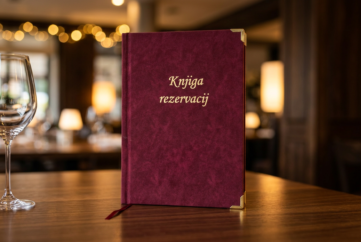 Bordo knjiga rezervacij z zlatim napisom na hostess pultu v elegantni restavraciji, ob kozarcu vina.