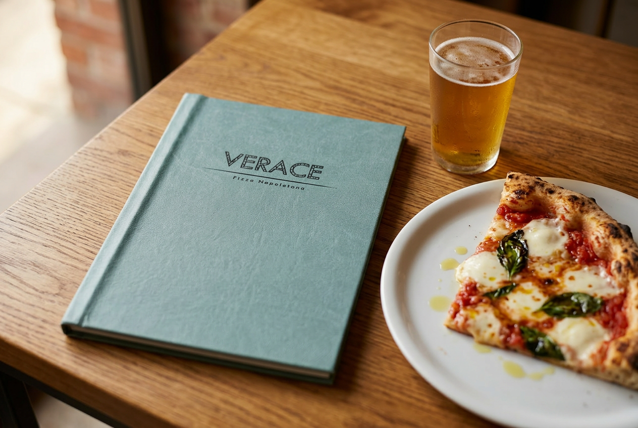 Teal usnjen meni z napisom 'VERACE Pizza Napoletana' na leseni mizi, ob krožniku s pizzo margherita in kozarcu piva.