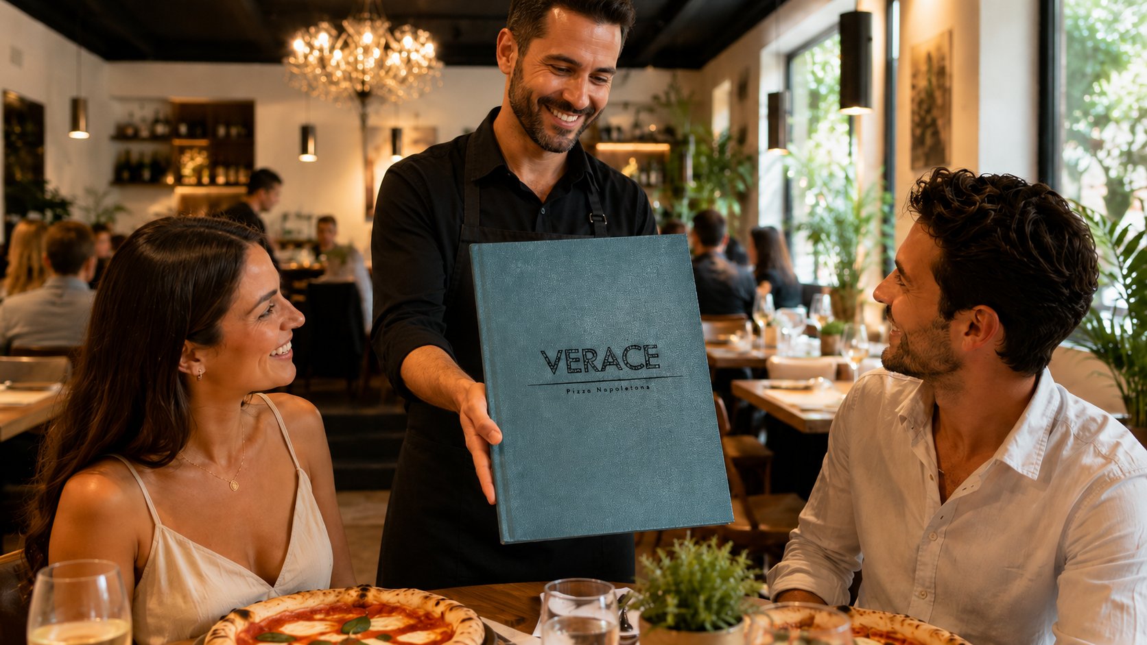 Nasmejana natakarica predaja teal usnjen meni Verace Pizza Napoletana paru za mizo v elegantni restavraciji s kristalnim lestencem, kozarci vina in pizzami margherita.
