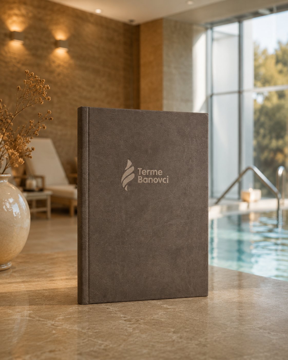 Antracit semiš hotelski meni Terme Banovci ob bazenu in wellness ambientu.