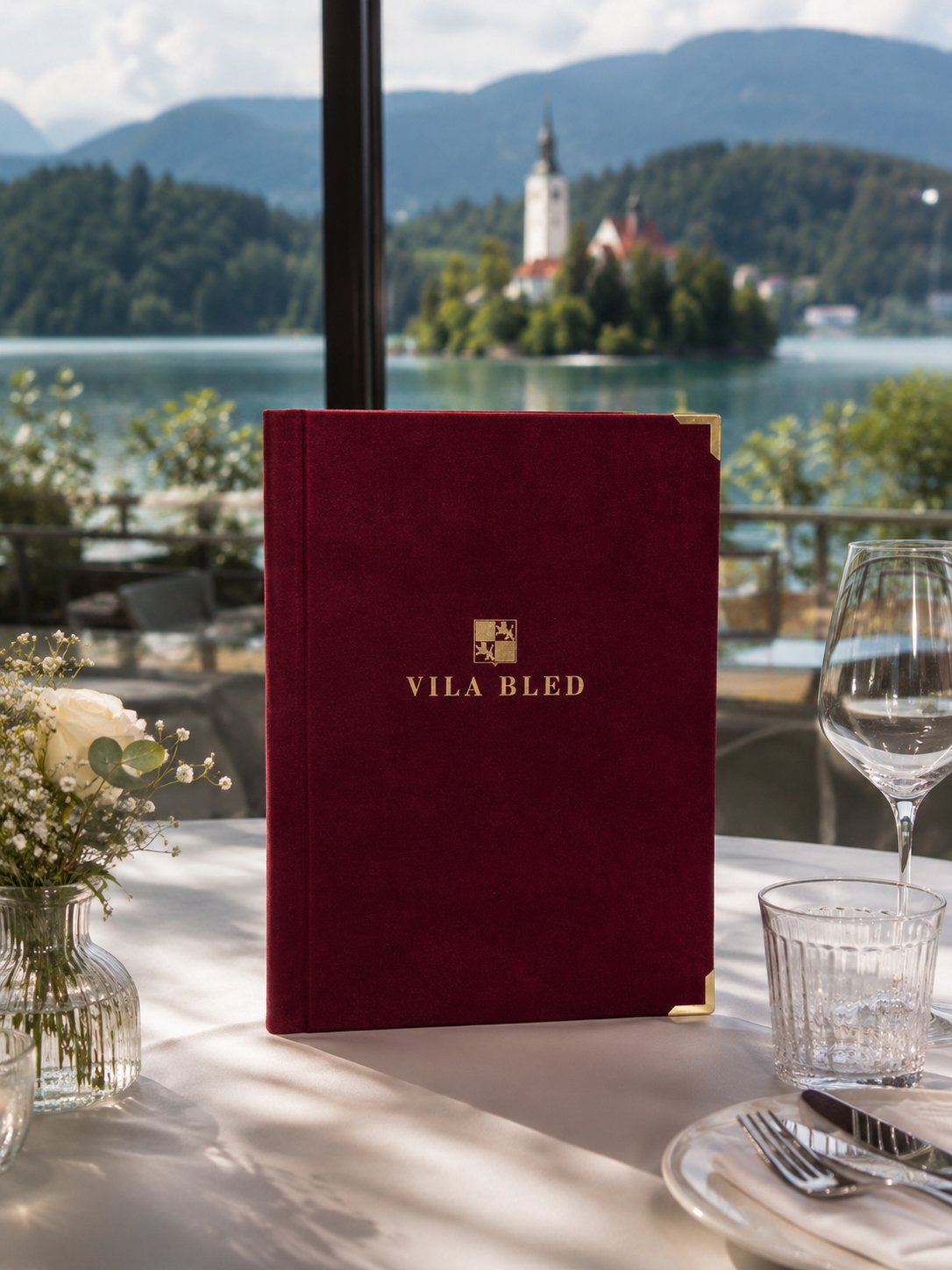 Rdeč žameten jedilnik Vila Bled z zlato gravuro na pogrnjeni mizi s pogledom na Blejsko jezero.